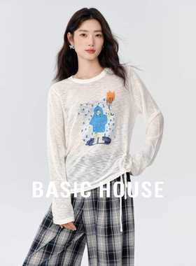 Basic House/百家好侧腰抽绳印花针织衫春季新款宽松撞色长袖上衣