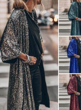 New Gold Sequins Sexy Long Cardigan Elegant Casual Women Ful