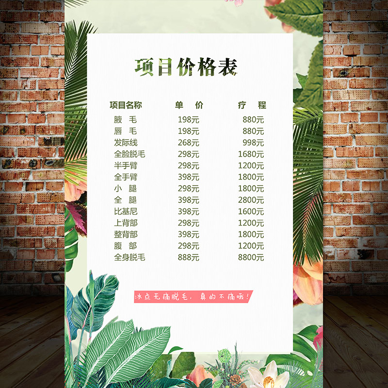冰点脱毛价格表无痛脱毛项目价格表广告装饰海报挂画1674