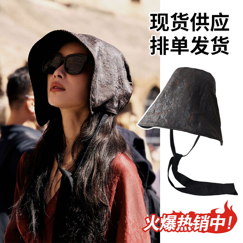 香云纱帽子飘带渔夫帽女黑色大檐