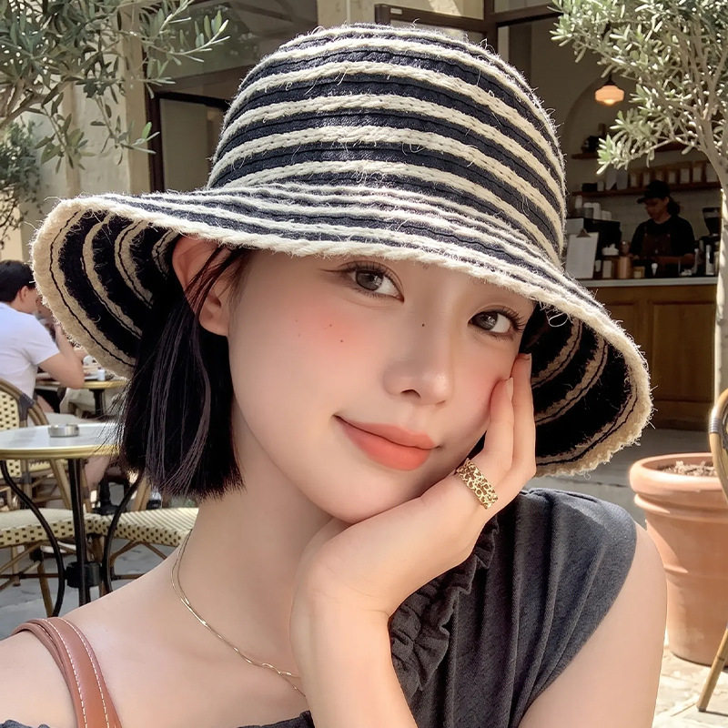 韩系复古条纹渔夫帽女夏季透气