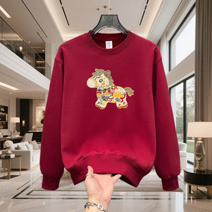 大码300斤酒红色圆领卫衣男秋冬新马年大吉保暖加绒潮牌宽松情侣