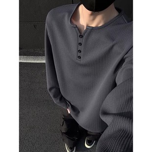 百搭痞帅上衣 T恤男女春秋潮流新款 大码 300斤简约肌理感小v领长袖
