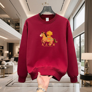 大码300斤国潮马上发财酒红色圆领卫衣男春秋宽松休闲加绒情侣衫