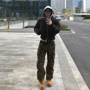 大码300斤复古迷彩工装裤男女美式cleanfit多口袋直筒微喇迷彩裤