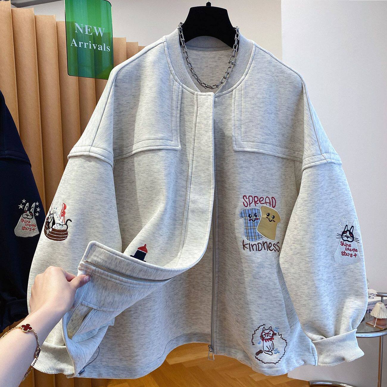 早秋大码300斤韩版卡通刺绣棒球领外套男女宽松拉链卫衣开衫上衣
