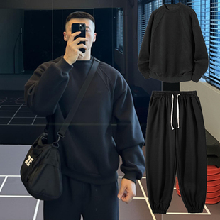 300斤美式 套装 分割解构廓形圆领卫衣男秋季 束脚裤 宽松boxy版 大码