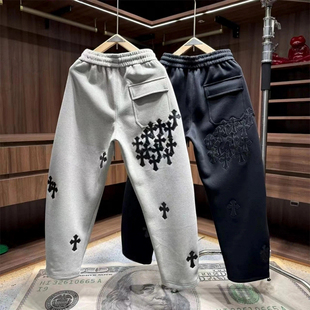 大码300斤设计感贴皮十字花休闲男春秋季加绒宽松炸街微阔弯刀裤