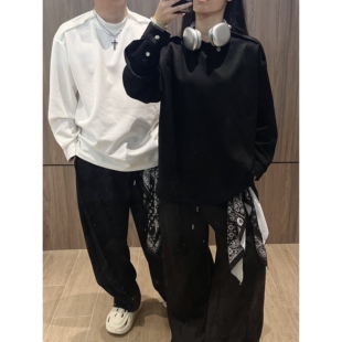 情侣套装 重磅boxy型圆领上衣男女秋潮牌舒适时尚 300斤韩版 加大码