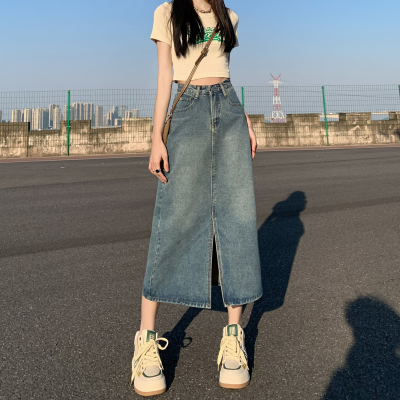 150cm开叉遮胯高腰牛仔半身裙