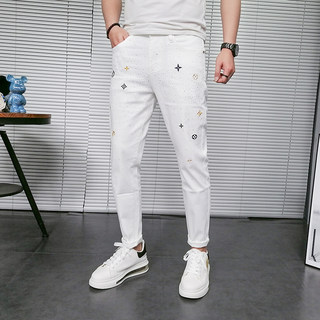 高端白色牛仔裤男青年痞帅刺绣烫钻修身小脚裤子发型师设计感长裤