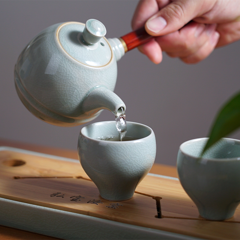 弘宝汝窑旅行茶具茶杯套装伴侣茶组一壶两杯茶盘日式侧把茶具汝瓷