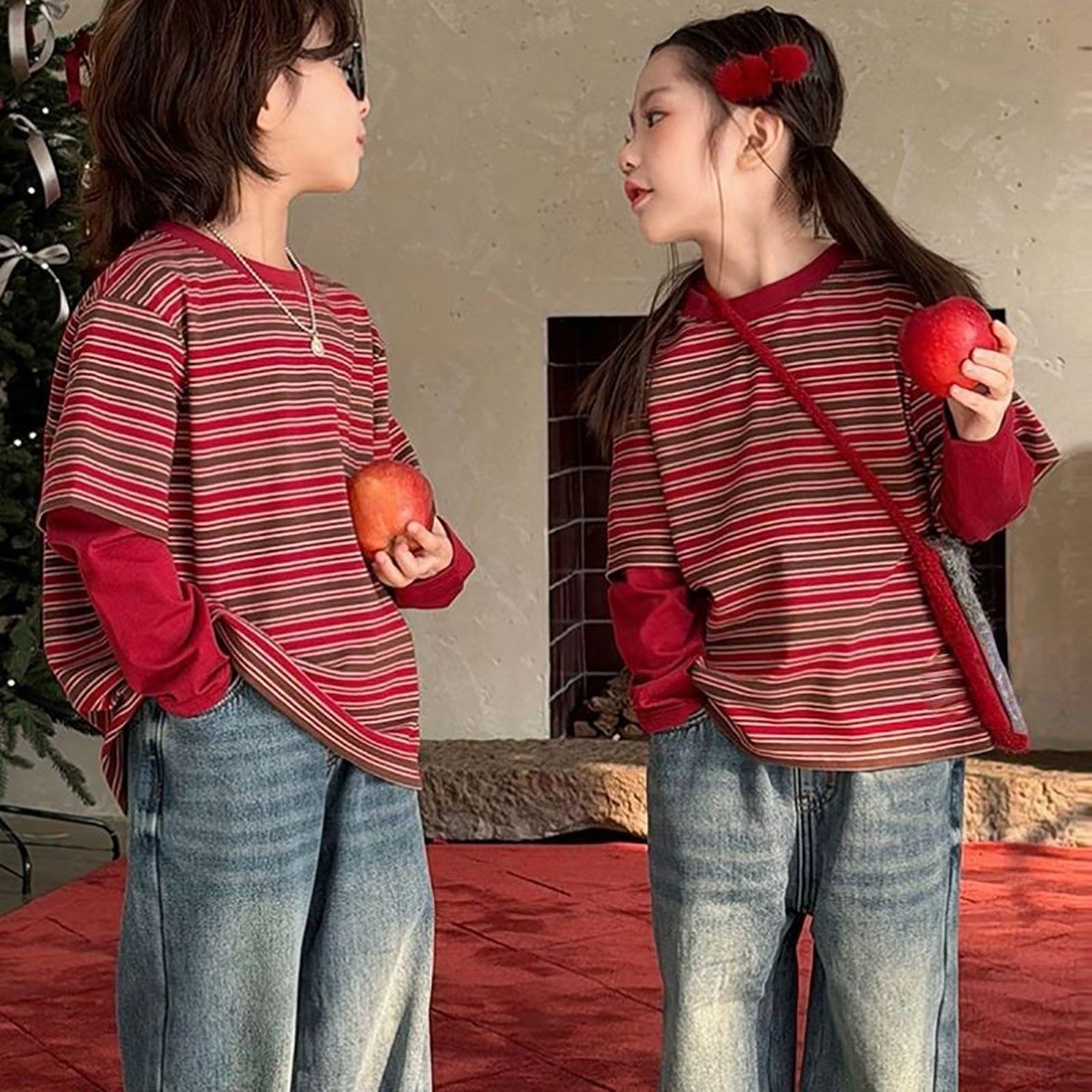 儿童红色条纹假两件T恤长袖2026春秋新款男女童宝宝上衣打底衣