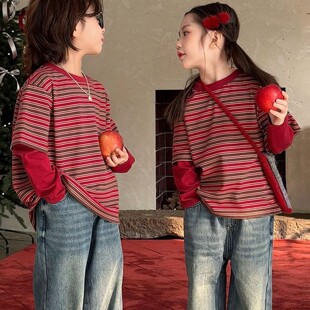 儿童红色条纹假两件T恤长袖2026春秋新款男女童宝宝上衣打底衣