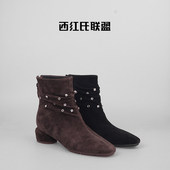 西红氏联盟 羊皮尖头粗跟时装 反绒羊皮 新款 靴女跟高4 2025冬季