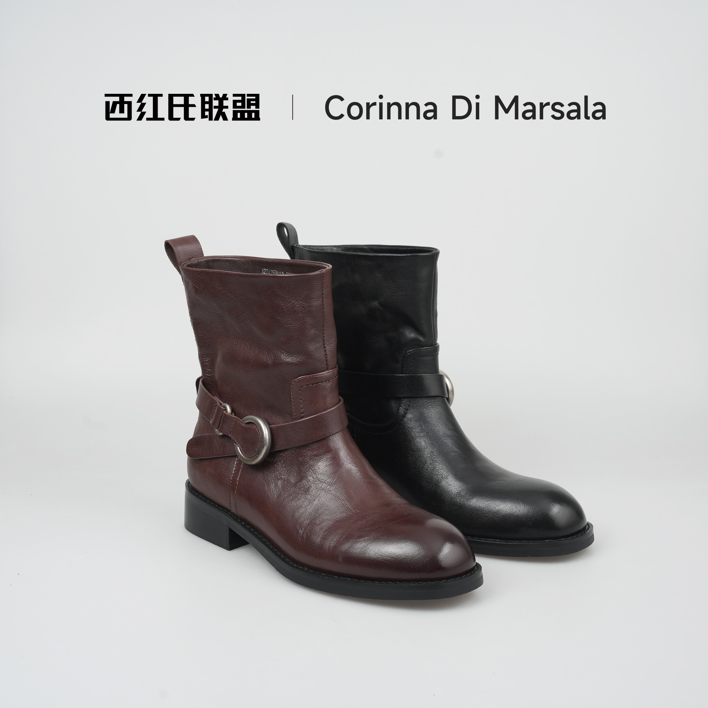 【西红氏联盟】牛皮短靴金属扣马丁靴X22A355M162跟高3.4cm