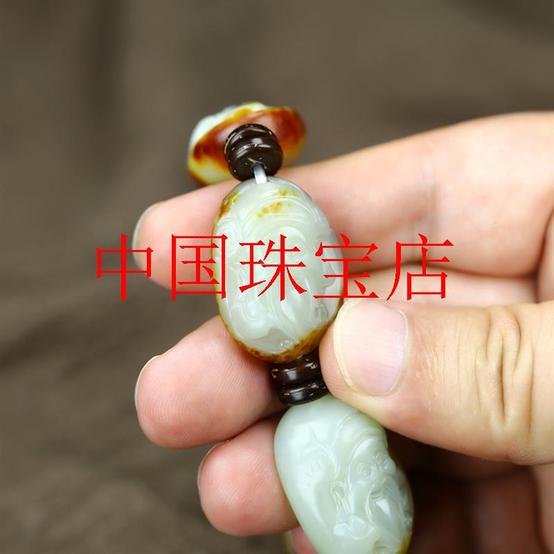 和田玉原石雕刻财神手串男款随型十八罗汉手持沁红皮佛头多宝手链
