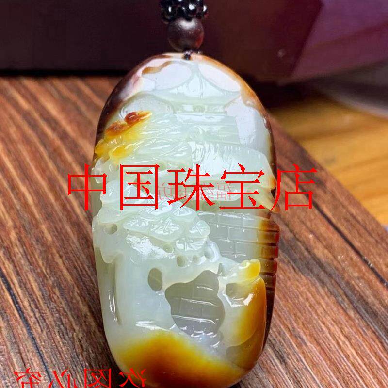 和田玉原石籽料黄红沁皮吊坠平安扣山水意境带皮无事牌玉挂件项链