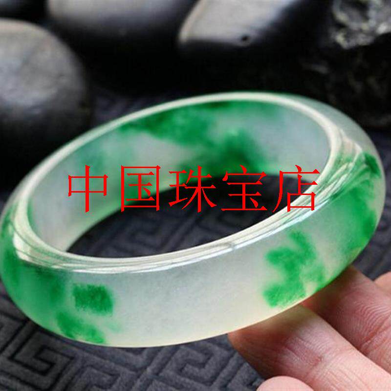 精品缅甸冰种飘花翡翠色手镯飘绿花正圈玉镯女款通透玉手镯送礼品