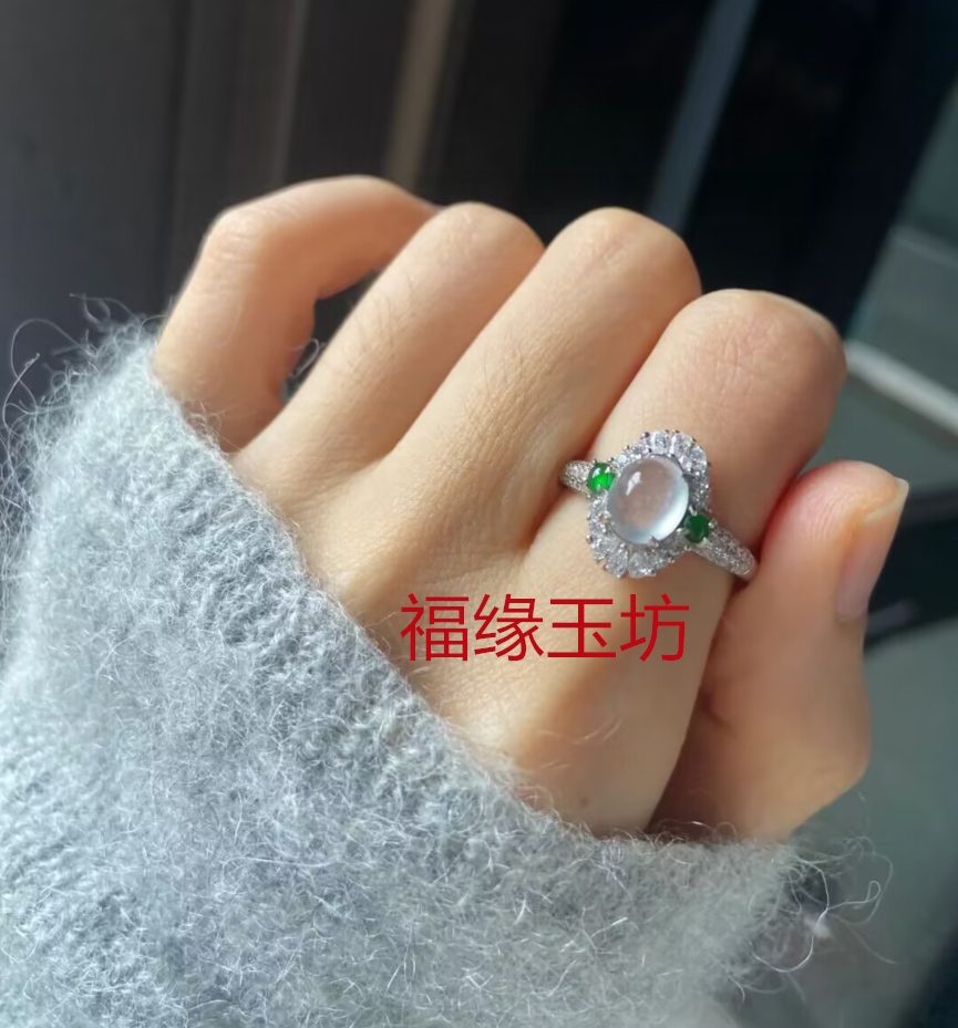 高冰翡翠戒指女冰种戒面裸石玻璃种蛋面白冰处理玉戒指18K金镶嵌