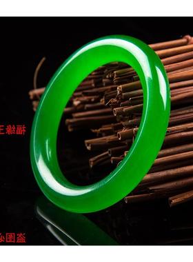 精选翡翠色冰种满绿帝王绿圆条手镯冰透正阳绿玉石富贵镯女款饰品