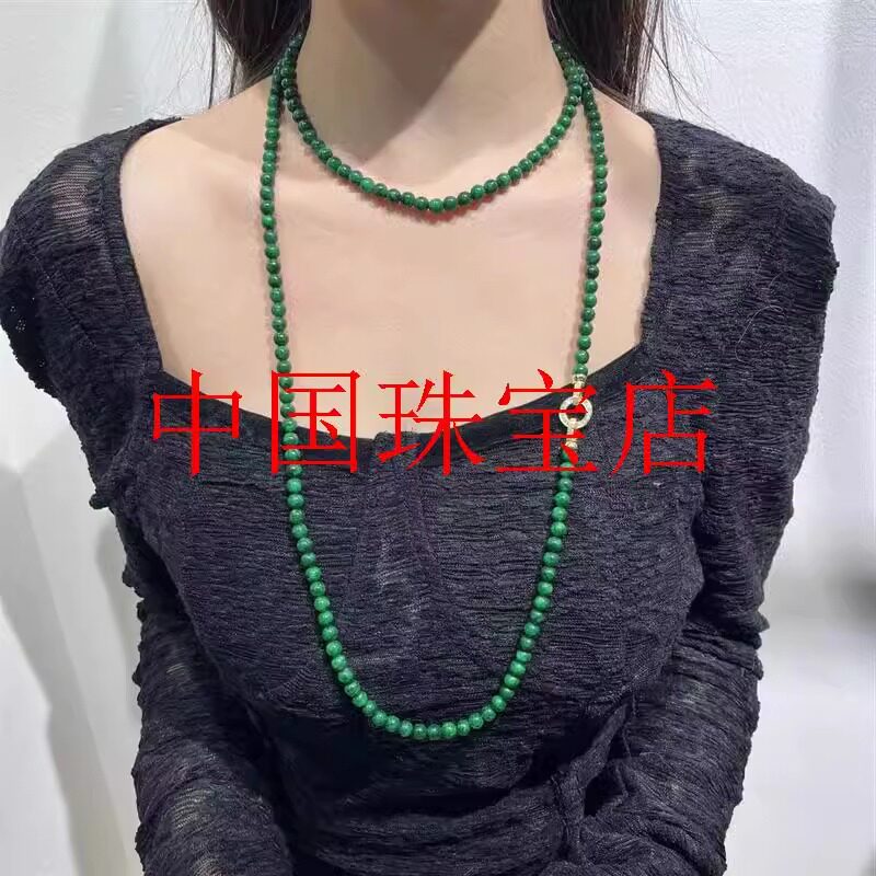 缅甸翡翠色满绿干青圆珠项链叠戴女款阳绿色新中式国风百搭毛衣链