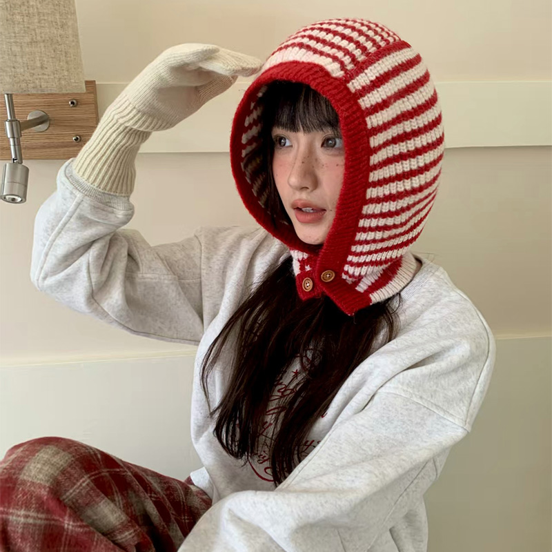韩系红色条纹巴拉克拉法帽女