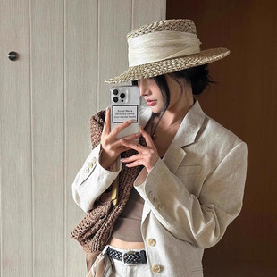 老钱风镂空平顶草帽女夏季海边遮阳防晒草编礼帽沙滩度假太阳帽子