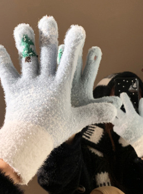 蓝色可爱雪花圣诞针织手套女冬季露指触屏加厚保暖防寒冻五指分指
