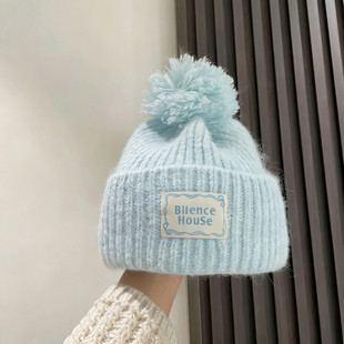 糖果色系甜美百搭字母贴布毛球针织帽女冬季保暖百搭显脸小套头帽