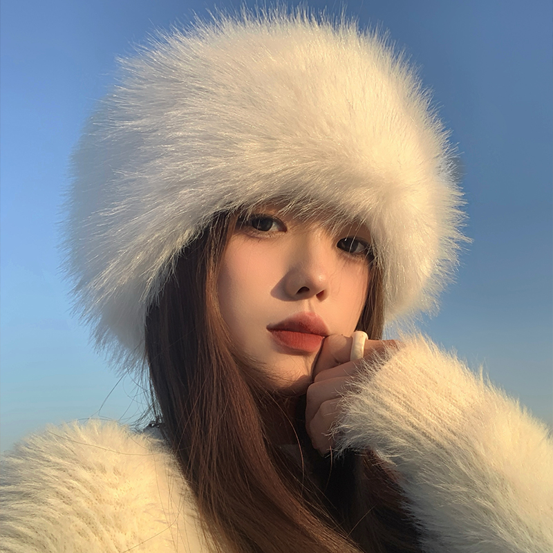 白色毛绒渔夫帽女加绒毛毛盆帽