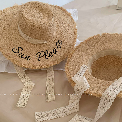 法式赫本风蕾丝拉菲草帽