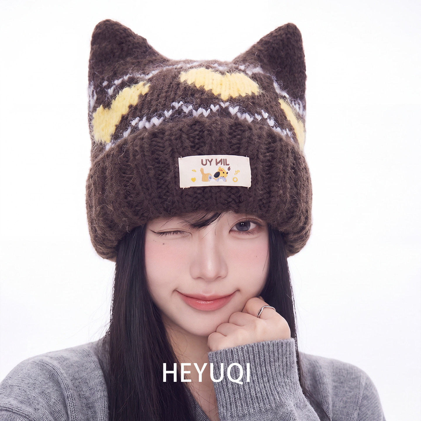 爱心提花猫耳朵针织帽显脸小