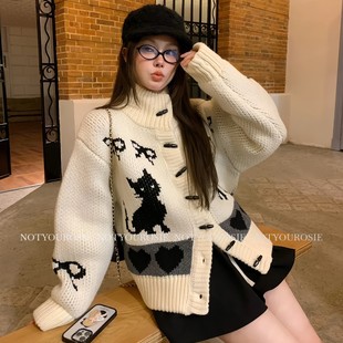 女潮牌加厚外套 费尔岛猫咪针织开衫 韩国正品 现货openyy毛衣新品