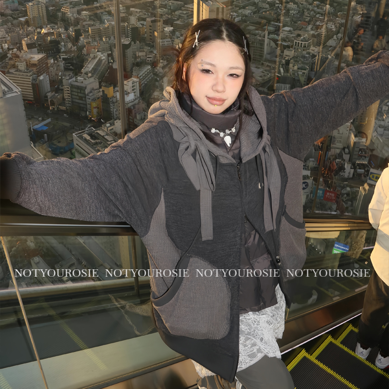 韩国潮牌coyseio华夫格卫衣外套女宽松haerin同款上衣连帽开衫冬