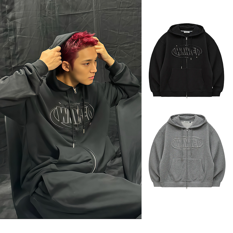 【官方正品】waikei卫衣连帽女复古字母贴布拉链外套男金珉奎同款