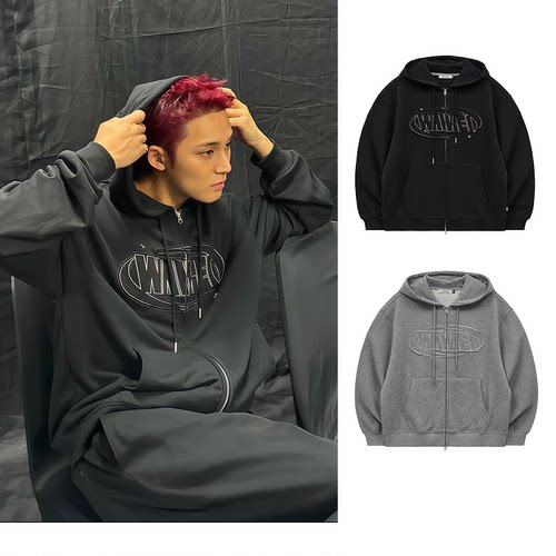 【官方正品】waikei卫衣连帽女复古字母贴布拉链外套男金珉奎同款