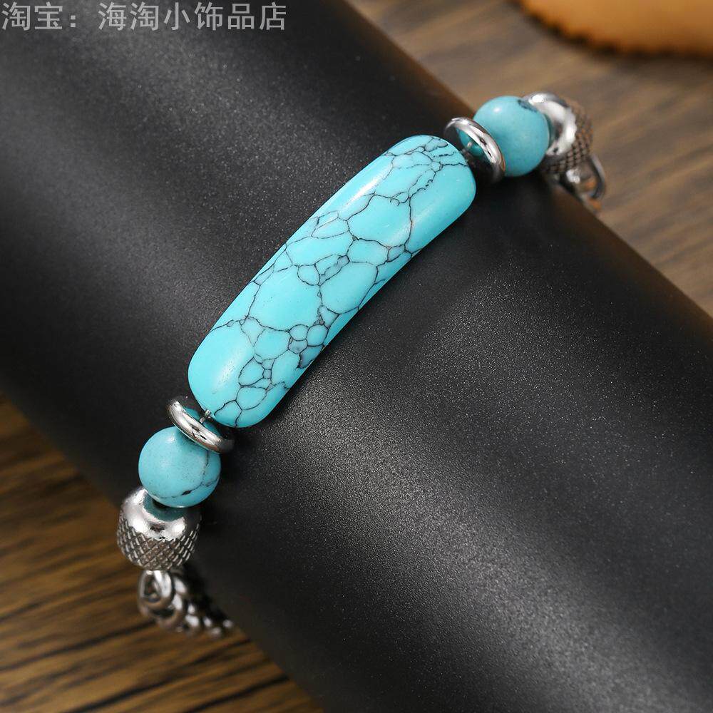 新品欧美复古风绿松石手链  天然石不锈钢链条拼接钛钢手链女