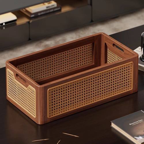 实木藤编收纳筐家用零食化妆品置物筐桌面收纳盒杂物收纳木质篮子