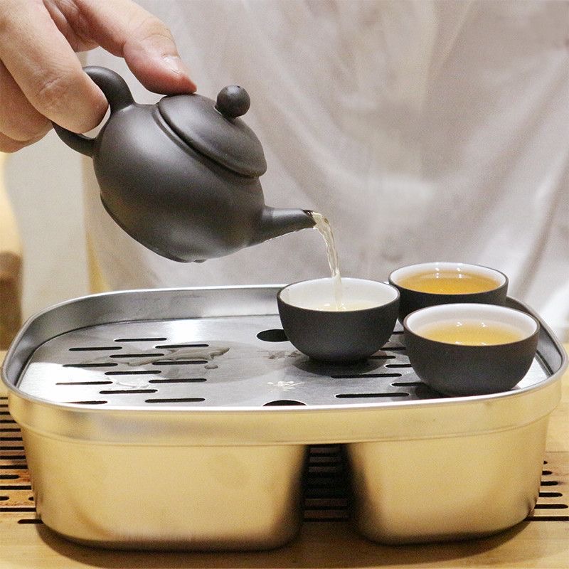 简约不锈钢茶盘托盘功夫茶具套装家用户外小茶台长方形收纳储水