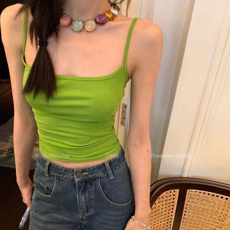 夏季短款显瘦小众网红绿色露脐抹胸一体胸垫辣妹风吊带遮副乳上衣