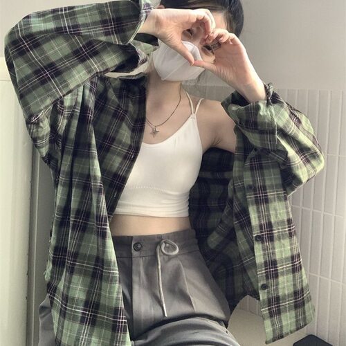 韩版格纹长袖绿格子衬衫