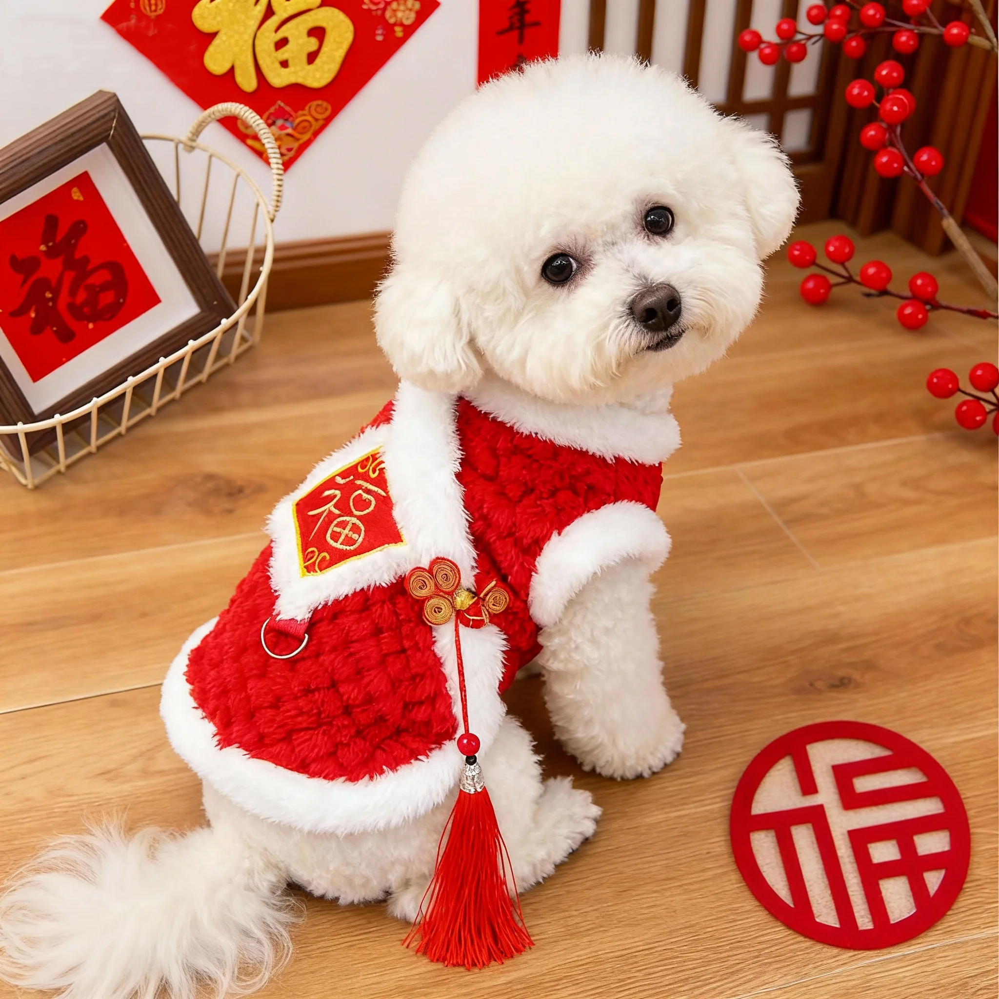 狗狗过年衣服秋冬款唐装福字刺绣泰迪比熊博美小型犬新年战袍宠物