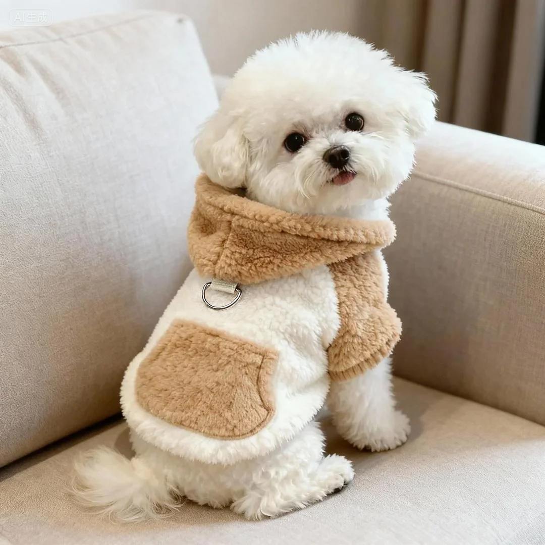 狗狗衣服冬季保暖加绒连帽卫衣可牵引泰迪比熊博美小型犬宠物棉衣