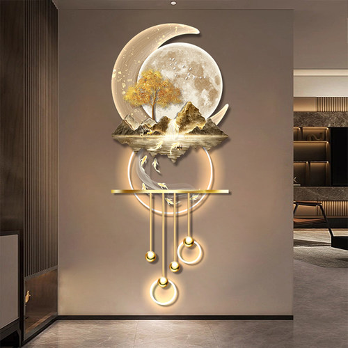 新中式迎客松山水玄关发光装饰画