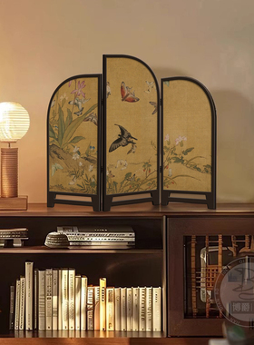 中古风花鸟小屏风桌面摆件新中式茶室饭厅布置高级感折叠装饰画