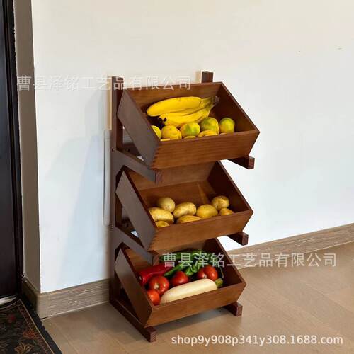 现货中古风落地式置物架木制多层杂物收纳架客厅装饰水果收纳篮