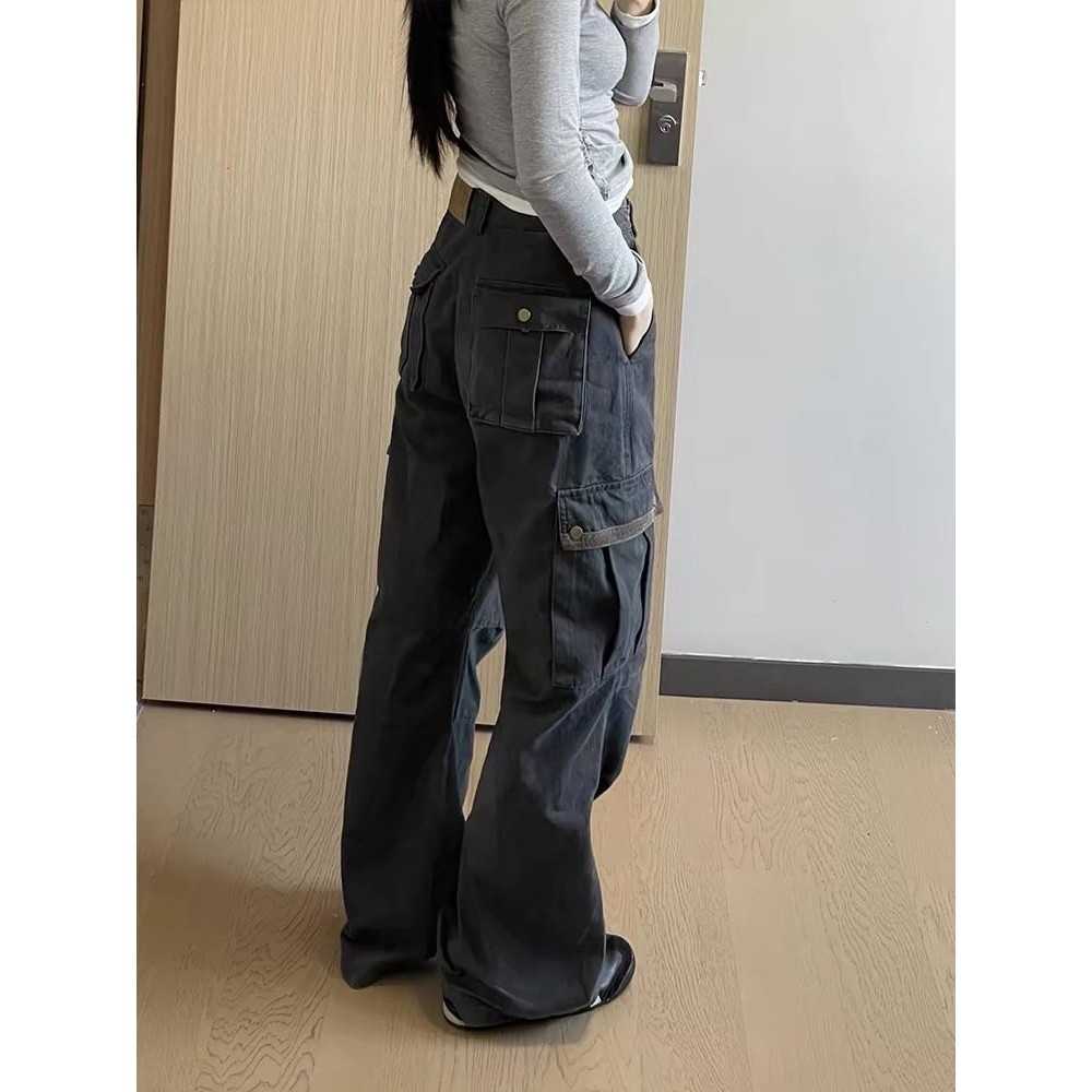 美式高街设计感工装牛仔裤女2025春季宽松显瘦高腰直筒阔腿拖地裤,女装/女士精品,大码裤装,淘宝优惠券,粉丝福利购,淘宝优惠卷