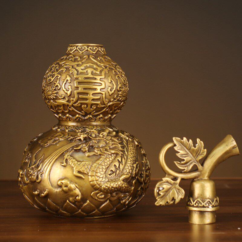 铜葫芦摆件黄铜 家居装饰品大号龙凤开口葫芦客厅卧室玄关工艺品