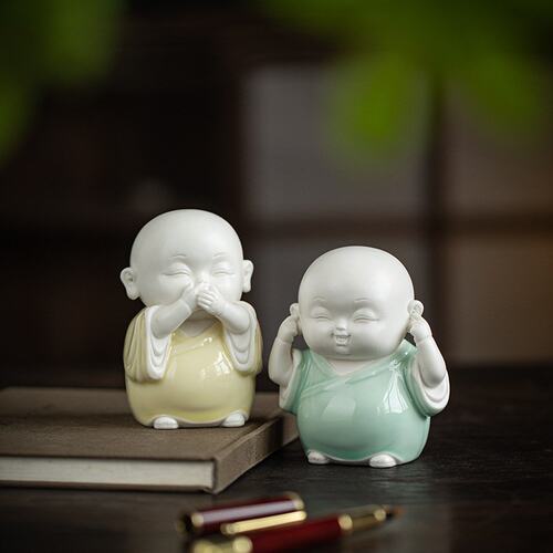 新中式可爱四不小和尚摆件陶瓷小沙弥创意茶室玄关桌面装饰品摆设